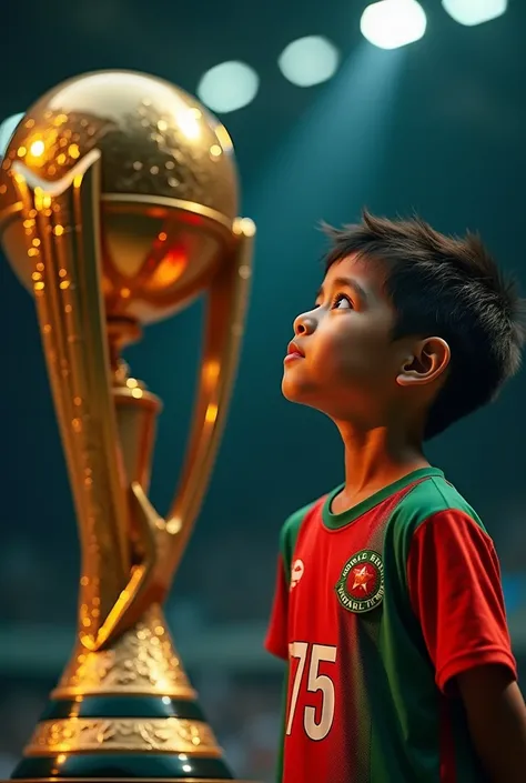 A  boy watching champion trophy wearing Bangladesh jursey and jursey number is 75