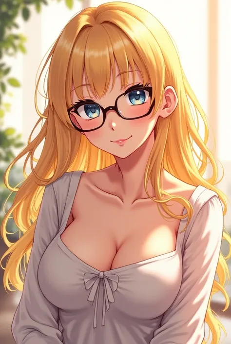 A beautiful blonde with glasses and with her small breasts shown off and very round and sexy anime style 