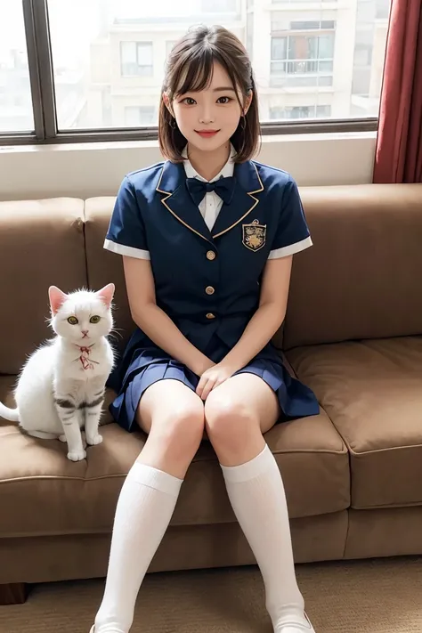 1 Female、(Sitting on a sofa at home holding a cute cat:1.5)、 smiles、(Cute American Shorthair with Blue Eyes)、( white Persian cat)、(  high school uniforms  )、( check mini skirt)、  brown hair、(  white high socks)