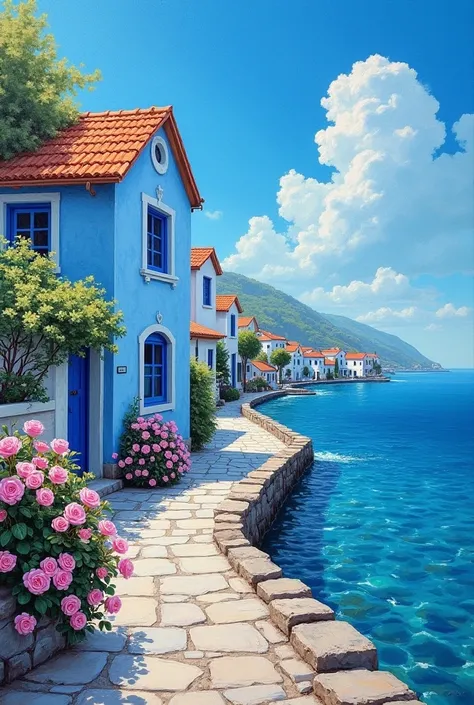  Impasto painting featuring a charming little blue and white house on the quiet shores of Turkey's Aegean Sea. The house, 伝統的な詳細Decorated with,  stands out against the sky with a blue top half . The crystal-like water 、 it boasts the blue hues of the Carib...