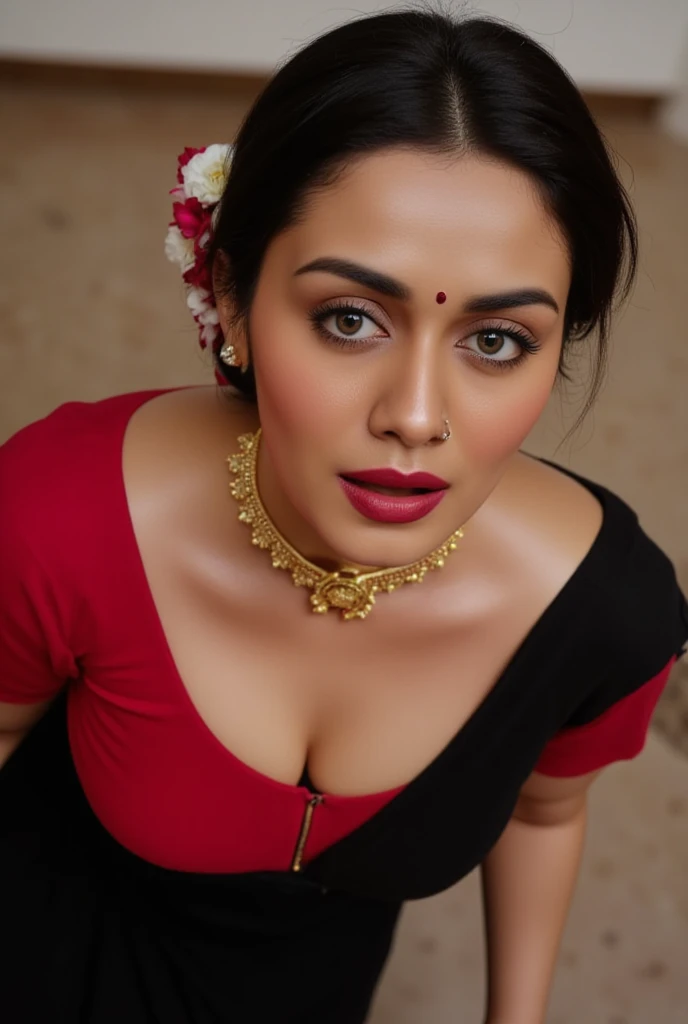 Pov top down camera view, woman kneeling down, looking at camera, blue eyes,gold mangalsutra with closed eyes, wide open mouth,orgasm face, black round bindi in forehead, black hair tied around, flowers in head, mangalsutra in neck, black saree, red lips, ...