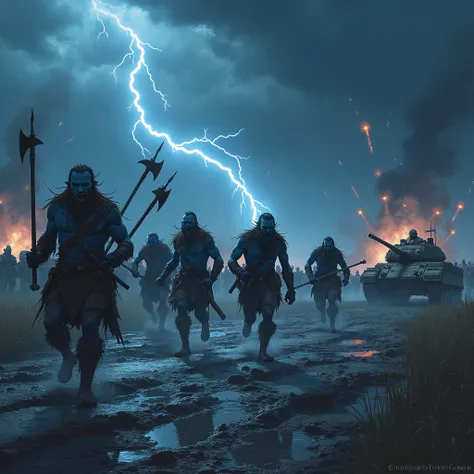 A scruffy horde of blue-skinned tribesmen and women charging across mudflats on a dark and stormy night, Celtic tattoos, axes and halberds, spreading out, attacking Russian tanks, gunfire, tracer rounds, explosions, storm.