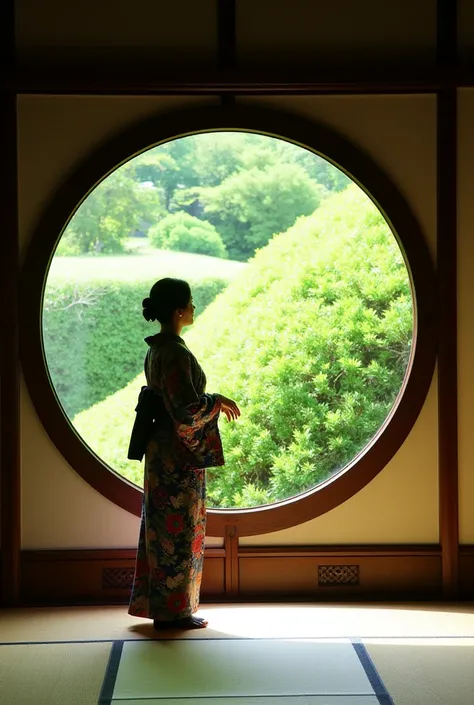 Inside a serene traditional Japanese room with tatami flooring, a woman dressed in an elegant kimono is standing near a large circular window. She is gazing outside, her posture calm and reflective, as sunlight filters through the lush green garden visible...