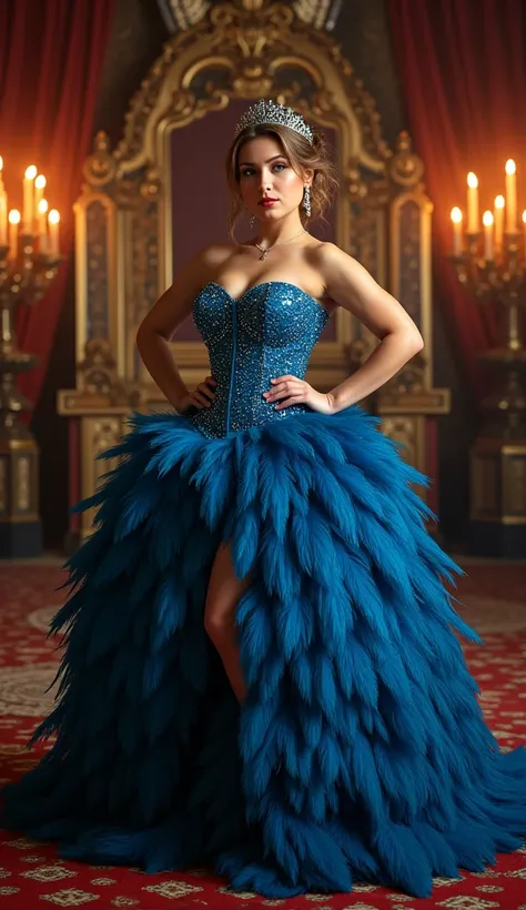 arafed big curvy princess in a strapless gown made with saphhire crystal blue parrot feathers and fur layered slitted at thigh showing huge cleavage,wearing a beautiful  crown made out of jewels and feathers,standing looking straight to camera,Natasha nice...