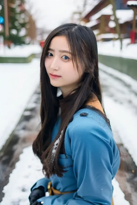    very beautiful Japanese woman     （20 years old， hair， 長いhair，   miniskirt，   long boots， I'm shoveling snow   ）    snow is piling up in the parking lot ，   Big hospital parking lot ， The hospital says national hospital