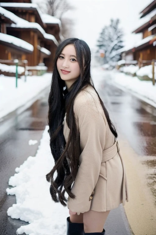    very beautiful Japanese woman     （20 years old， hair， 長いhair，   miniskirt，   long boots， I'm shoveling snow   ）    snow is piling up in the parking lot ，   Big hospital parking lot ， The hospital says national hospital