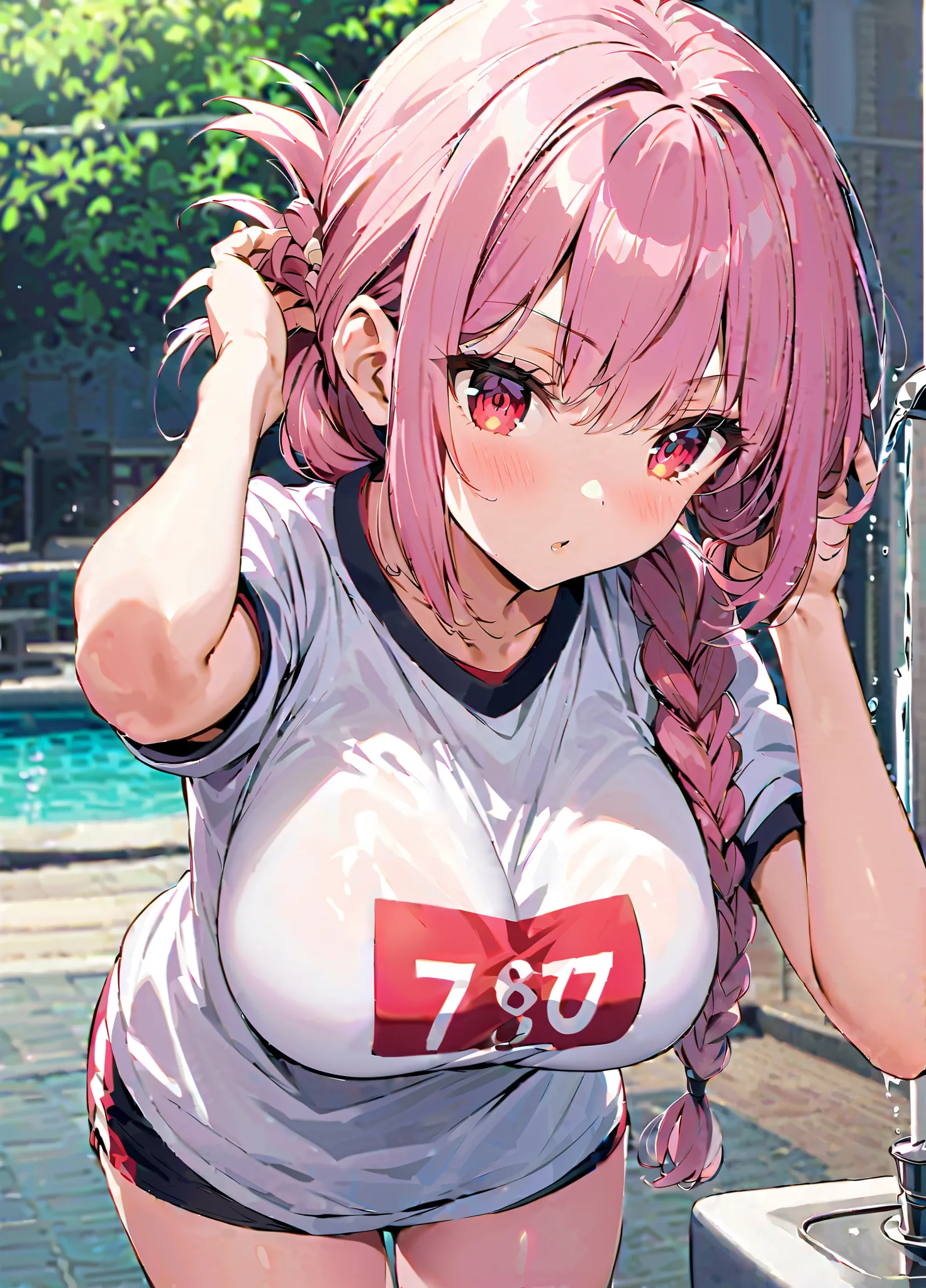 
score_9, score_8_up, score_7_up, source_anime, florence nightingale, pink hair, long hair, red eyes, hair braid, sidelocks, folded ponytail, single braid, braid, braided ponytail, large breasts, drinking fountain, faucet, drinking, fountain, water, water ...