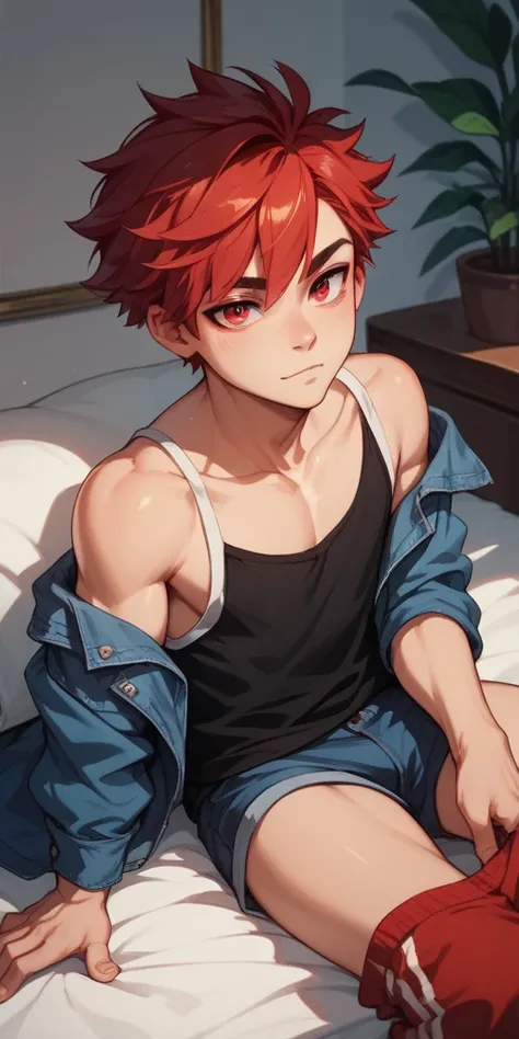 A young guy with combed and styled red hair.  red eyes. Harsh in casual wear 