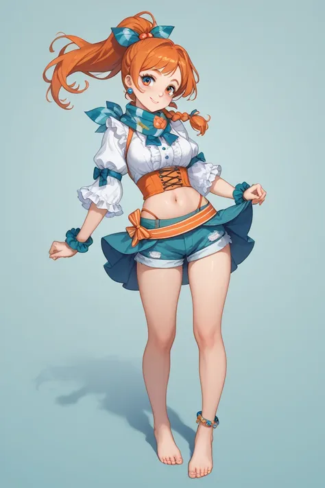 For a tied-up outfit for Orihime Inoue, while keeping her navel and feet visible, here’s the design:

Top

A cropped tied-up blouse in light fabric like cotton or linen, with knots at the front to reveal her navel. The blouse can have ruffled sleeves or bu...