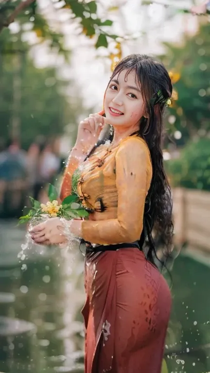 A beautiful Burmese girl is wet with water and looking at the photographer with a smiling face. Everyone wants to love her because of her curvy body. Clear and high resolution, flawless photo editing. Natural scenery HD 3D.