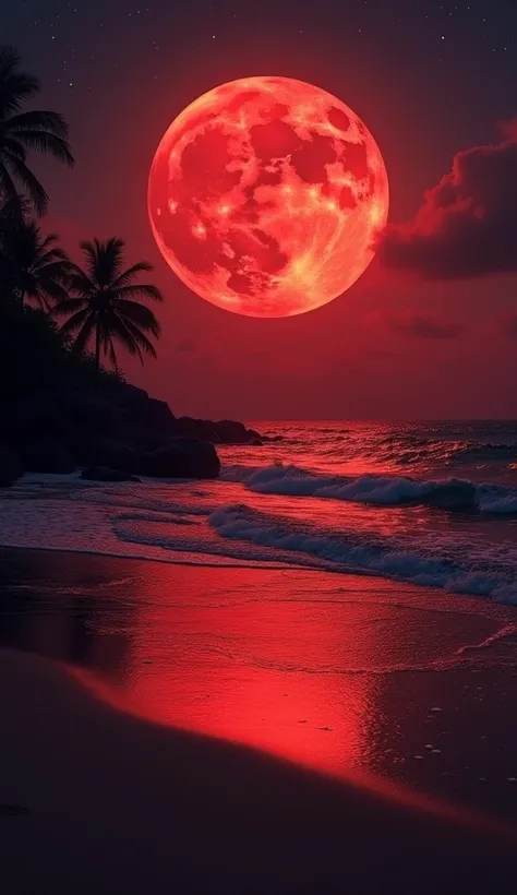  A giant red moon illuminates the night sky over a serene beach .  The reddish reflection dances over the calm waves of the sea , creating a mystical glow in the water .  The dark, moist sand contrasts with the brightness of the moon , while some thin and ...