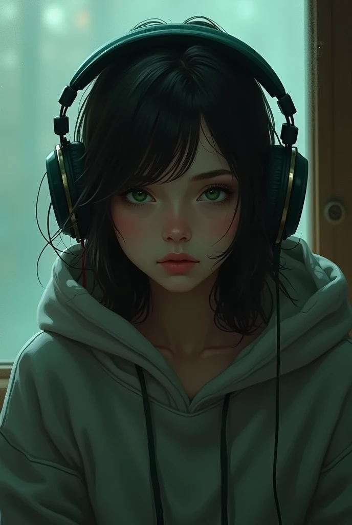 A green eyed lofi girl with headphones on and hoodies, vibing