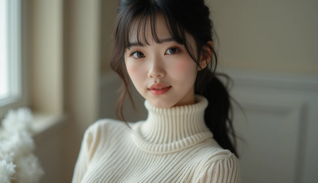   Beautiful 22-year-old Japanese Beauty   　(((  indoor:1.8)))smile((( Fitted knitted turtleneck that makes your bust look beautiful　)))　    high image quality  、correct、 anatomically correct、 Masterpiece、  Top Quality、  very well detailed 、超    high image ...