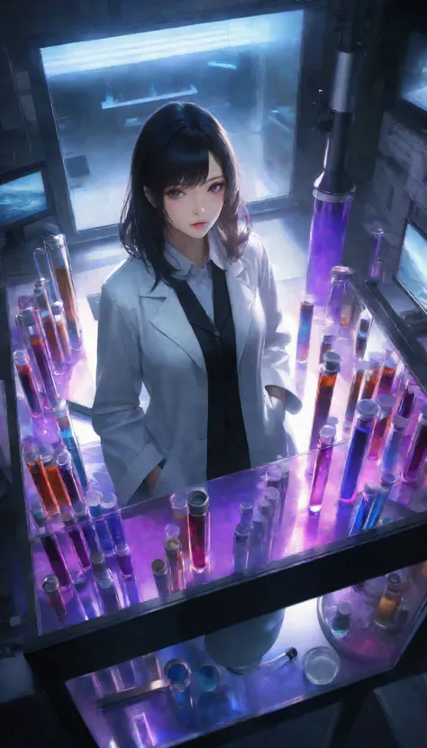  Ultra High Resolution, Extremely Clear Details ,  Extremely Colourful Colors , a beautiful adult woman, alone, researcher in white coat,  fierce experiments unparalleled in the past , Complete protection , Dangerous scents, ( test tubes are tilted and ble...