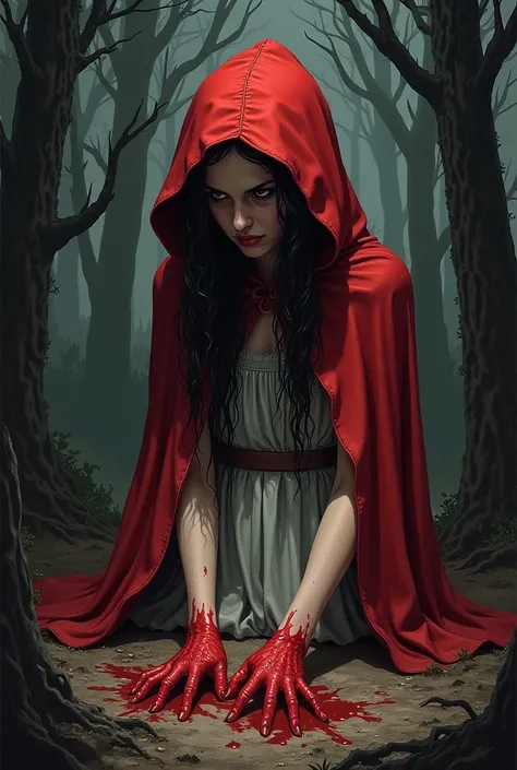 The image contains a description for an illustration : "( Imagine a grim drawing where Little Riding Hood is surrounded by shadows and s in a dense forest,  with an expression between madness and horror as she contemplates her bloodied hands )."
