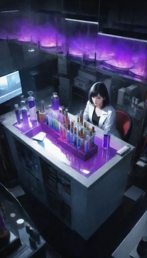Ultra High Resolution, Extremely Clear Details , Extremely Colourful Colors , a beautiful adult woman, alone, researcher in white coat, fierce experiments unparalleled in the past , Complete protection , Dangerous scents, ( test tubes are tilted and ble...