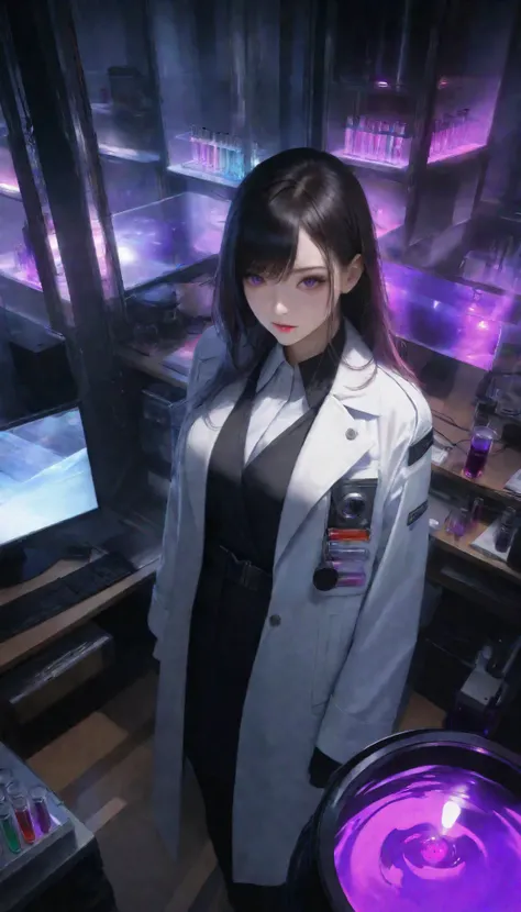 Ultra High Resolution, Extremely Clear Details , Extremely Colourful Colors , a beautiful adult woman, alone, researcher in white coat, fierce experiments unparalleled in the past , Complete protection , Dangerous scents, ( test tubes are tilted and ble...