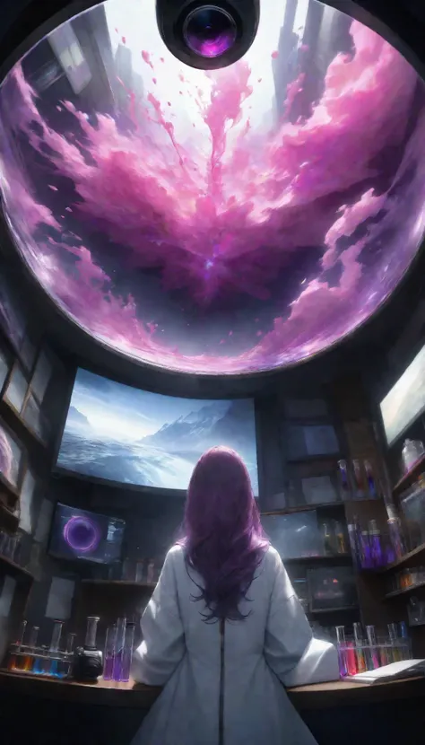 Ultra High Resolution, Extremely Clear Details , Extremely Colourful Colors , a beautiful adult woman, alone, researcher in white coat, fierce experiments unparalleled in the past , Complete protection , Dangerous scents, ( test tubes are tilted and ble...
