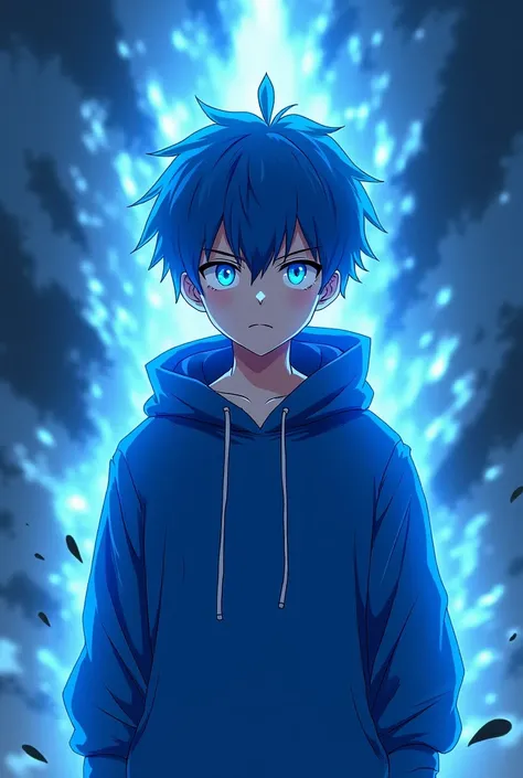  A boy from anime and manga style anime, With Blue Hair And Facherita Sweatshirt,  with Blue Eyes and a Corrupt Aura , In an Epic Scene 