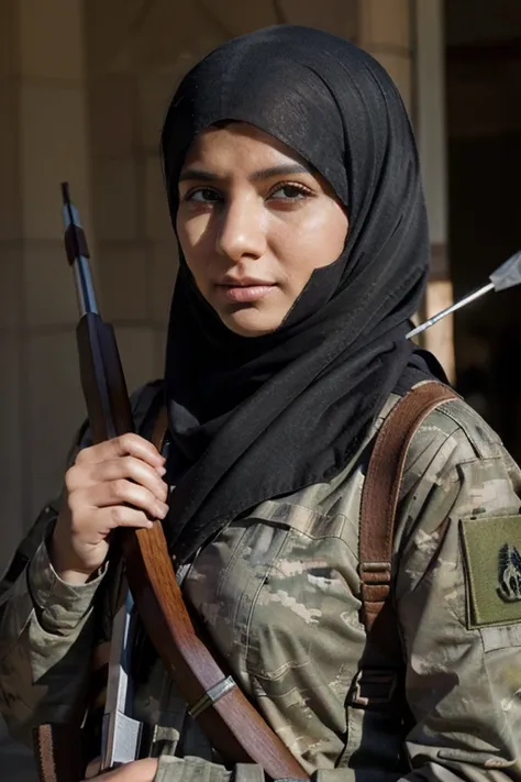 Female soldiers in hijabs carry arrow weapons,,