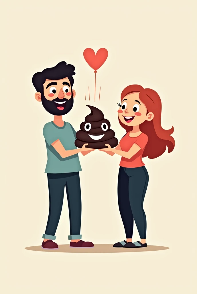 create an image of a man and a woman holding a black and white poop emoji in cartoon mode with no background vector style