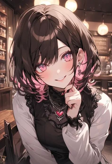 Alone， medium hair，Dark brown hair， tip pink highlight，woman， Light Pink Eyes ，smile, black dress，White long sleeve， necklace， valentine，chocolate，Cafe， handsome，ハートのchocolateをかじる