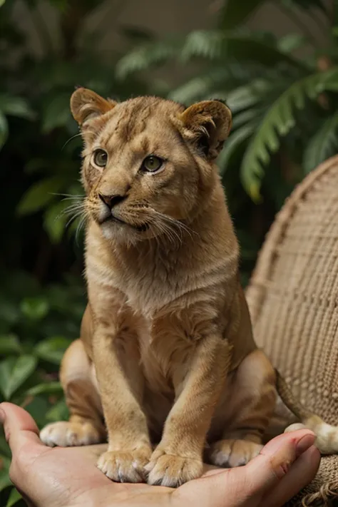 Little lion sits on the palm