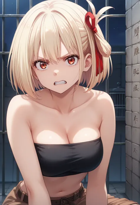 chisato nishikigi, short hair, bangs, blonde hair, red eyes, hair ribbon, one side up, bob cut, large breast, tube top, teeth tightly, angry eyes, sitting, looking viewer, prison, night, indoor, (masterpiece, best quality, high resolution, ultra-detailed:1...