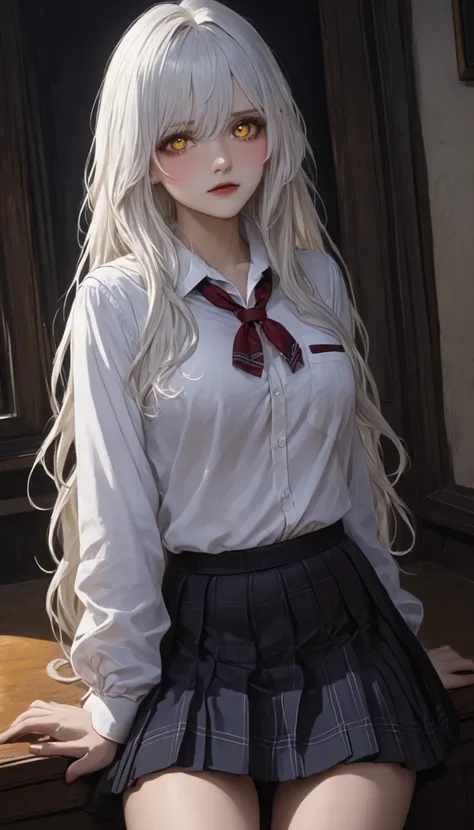 White hair, yellow eyes, long hair, wavy hair, blush, school uniform, school skirt, medium breasts, dark gothic atmosphere, masterpiece, hq