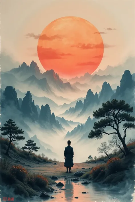 Traditional Chinese landscape painting in Zhang Daqian's signature splashed-ink style. Single contemplative figure silhouetted against a glowing sunset orb, positioned according to classical Song Dynasty compositional principles. Vast misty sky rendered in...