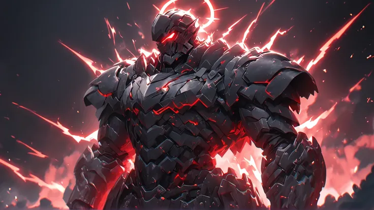 Black background with strong and aggressive red and black lights ,  strong man in Templar armor with epic science-fiction mix filled with metal plates,   half armor corrupted by red lightning ,  transmitting his brutal anger releasing aggressive energy and...