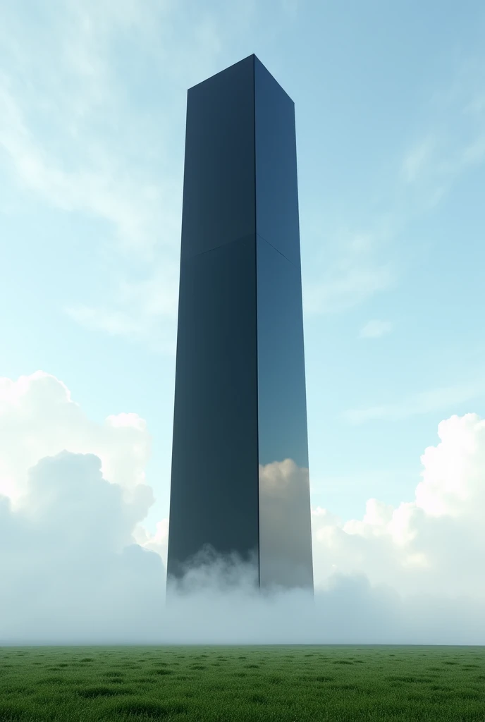 A black skyscraper above the clouds, located on a flat endless field consisting of lawn 