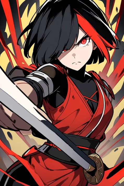 A digital illustration shoot from a portrait angle about a fierce female ninja character with short black hair and red eyes, wearing a black and red outfit with a yellow floral design, standing confidently in the middle of the image. she has a serious expr...