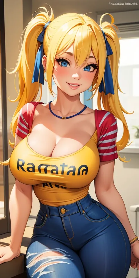 neckline,  detailed,  highres, sexy,  wide hips,  a girl, blue eyes, Yellow hair styled with pigtails, Barcelona Football Club t-shirt ,  blue striped denim pants with short leggings, Lips, Naughty girl smile
