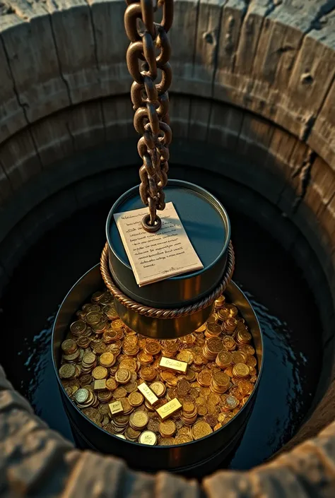 "A large oil drum being lowered into a deep well with a truck winch. A woman is anxiously looking at her watch as the drum disappears into the dark hole. The scene shows the man’s absence inside the drum, instead filled with gold bars, jewelry, and coins. ...