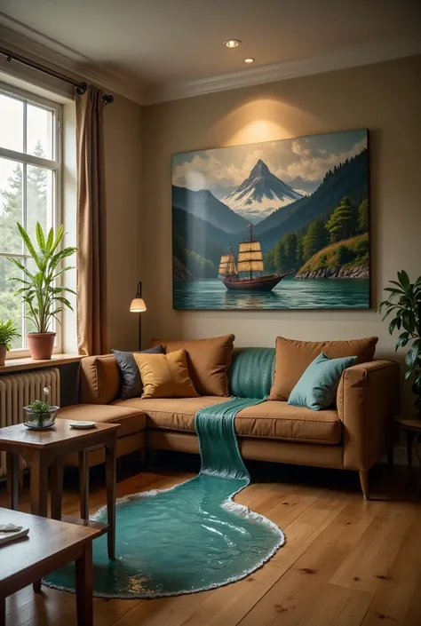 A surreal photograph of a river floating out of an oil painting on a living room wall and spilling over a couch and the wooden floor. The painting depicts a tranquil river between mountains. a ship gently bobbing in the water and entering the living room. ...