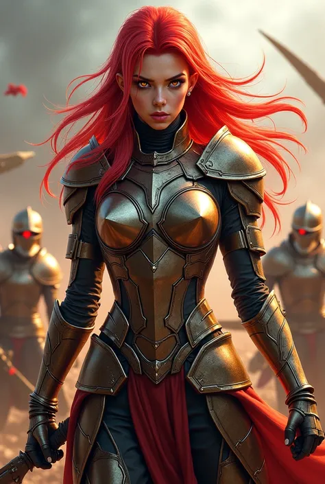  girl, warrior, closed armor, knee-length scythe ,  bright red hair, bright yellow eyes , against the backdrop of the battle ,  long hair,  pale skin 