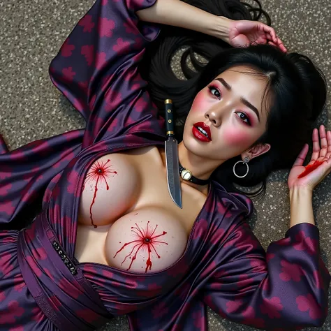 Gorgeous asian woman, with ponytail, hoop earrings, choker, huge oversized breasts that have large red liquid circles with purple/black floral silk robe that's been ripped open. Exposed breasts. She is lying on her back of floor of gravel ground. She has a...