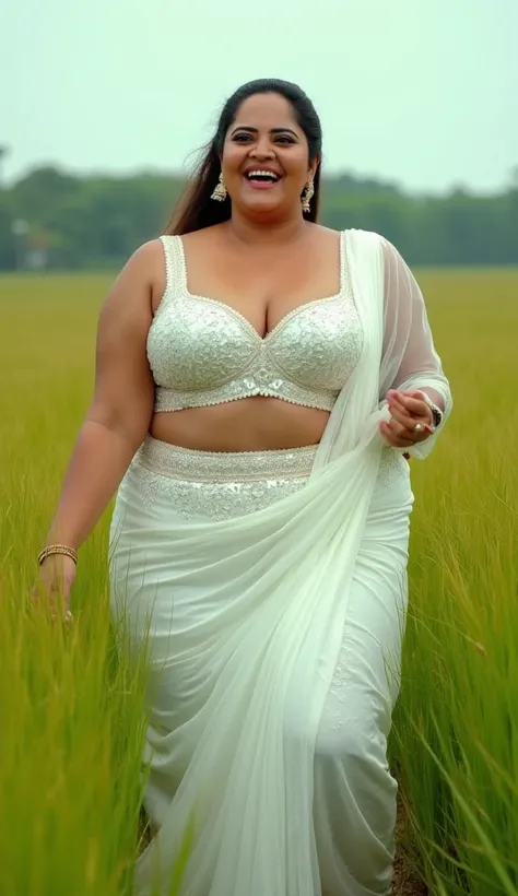 Full body image, extreme wide angle shot, wide angle picture, front view,  Full body image (to to bottom), indian hourglass body, Indian plus sized 25 year old Telugu bride anasuya, lovely face, mouth wide open, large swooping breasts, belley button expose...