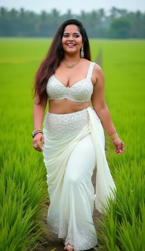 Full body image, extreme wide angle shot, wide angle picture, front view,  Full body image (to to bottom), indian hourglass body, Indian plus sized 25 year old Telugu bride anasuya, lovely face, mouth wide open, large swooping breasts, belley button expose...