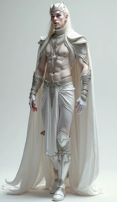 See Full male body view of 23 years old young happy incredibly masculine beautiful handsome extremely pale skinned male lanky v-shaped muscular body builder, Native American and Egyptian cleric design inspired, DnD inspired holy cleric very sexy skimpy bon...