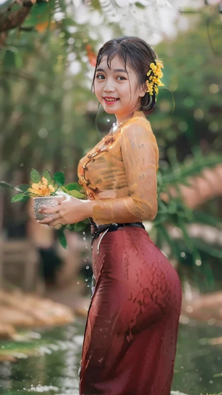 A beautiful Burmese girl is wet with water and looking at the photographer with a smiling face. Everyone wants to love her because of her curvy body,Wet clothes and exposed beauties ,full body, black 🖤 dress. Clear and high resolution, flawless photo editi...