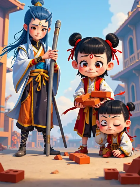 Animation Style， Nacha in classic costumes ，Show《 Nezha no Demon Boy Naohai》 at a construction site，Nacha is dressed in costume，Carrying a steel pipe ， has a cinematic look ； Nacha and Ao Bing in traditional costumes ， heads down， holding a pile of bricks ...