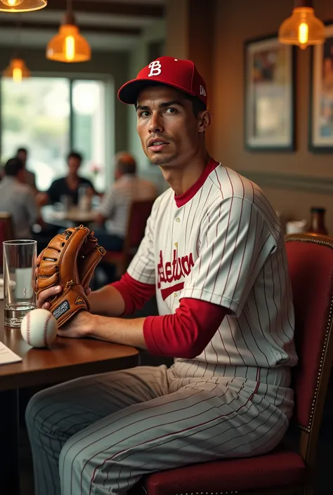 Cristiano Ronaldo is a pitcher sitting in a restaurant