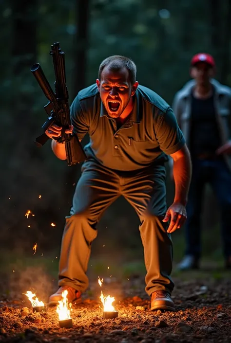 "A man in a violent rage, stomping on broken flashlights on the ground. His face is twisted with anger as he curses loudly, holding a shotgun in his hand while his wife watches from a distance with worry on her face."