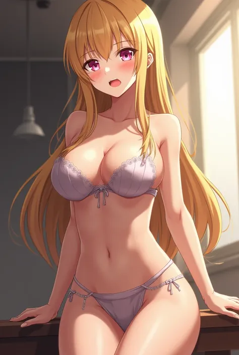 An expression with an excessively large ass and excessively large breasts , blonde , thin , medium height , pussy open , wearing a miniskirt, with a very small bra on it , legs open , sweaty and amused on her face from fucking , young anime