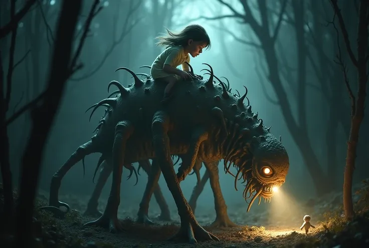 A fluffy tiny girl riding an unearthly monster with 6 legs and 18 arms in each hand, a dark ambient horror flashlight 