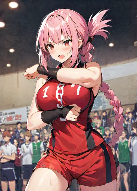 
score_9, score_8_up, score_7_up, source_anime, florence nightingale, pink hair, long hair, red eyes, hair braid, sidelocks, folded ponytail, single braid, braid, braided ponytail, large breasts, volleyball uniform, sportswear, elbow pads, elbow sleeve, kn...