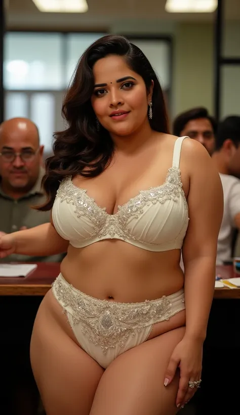 Full body image, extreme wide angle shot, wide angle picture, front view,  Full body image (to to bottom), indian hourglass body, Indian plus sized 25 year old Telugu bride anasuya, lovely face, mouth wide open, large swooping breasts, belley button expose...