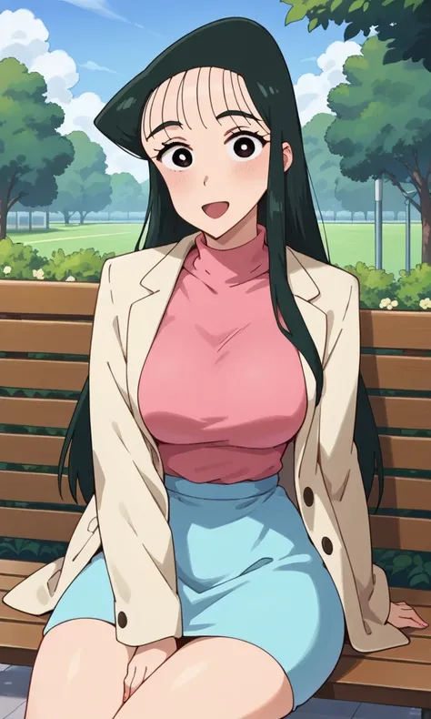 (1girl:1.5), (solo:1.3), (score_9, score_8_up, score_7_up, score_6_up, score_5_up, score_4_up), (source_anime), looking at viewer,cowboy shot,, smile, open mouth, outdoors, blue sky, park, sitting,  bench, pickup pregnancy test,
 (ohara-nanako), (black eye...